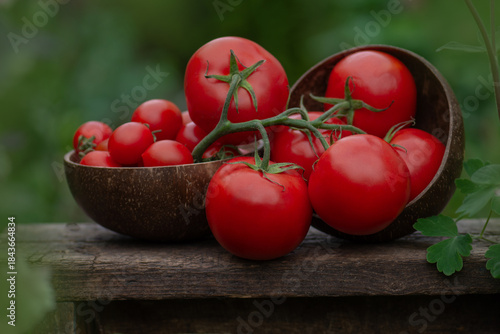 Red round tomatoes. Many red tomatoes on wooden table.
Healthy organic red tomatoes on a wooden background.