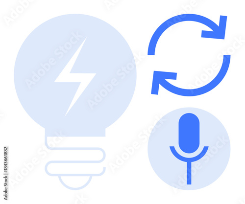 Innovation, voice recognition, energy solutions, renewable resources, audio technology, creativity. Light bulb ideas, arrows indicate process microphone for voice tech. Innovation and voice