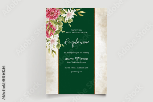 WEDDING INVITATION FRAME WITH FLOWER DECORATIONS AND FRESH LEAVES