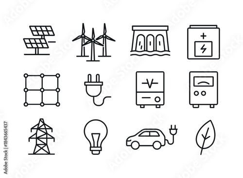 Sustainable Energy Icons. Sustainable energy infrastructure. Lin