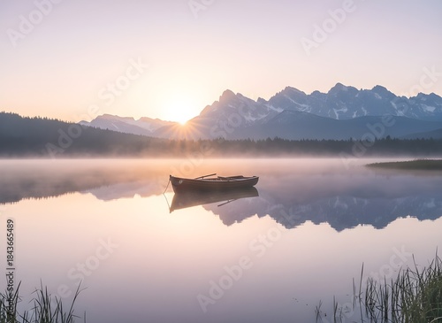 Peaceful Lake with Boat and Mountain Sunrise
