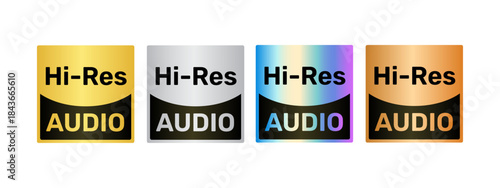 Hi-Res Audio Logo, Vector Graphic Set with Gold, Silver, Holographic, and Bronze Metallic Finishes