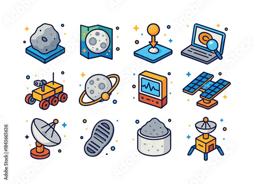 Lunar Science Icons. Lunar Science. Colorful isometric vector ic