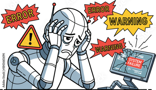 Distressed robot experiencing a system failure with multiple error and warning signs, symbolizing artificial intelligence burnout, technical problems, and computing stress.