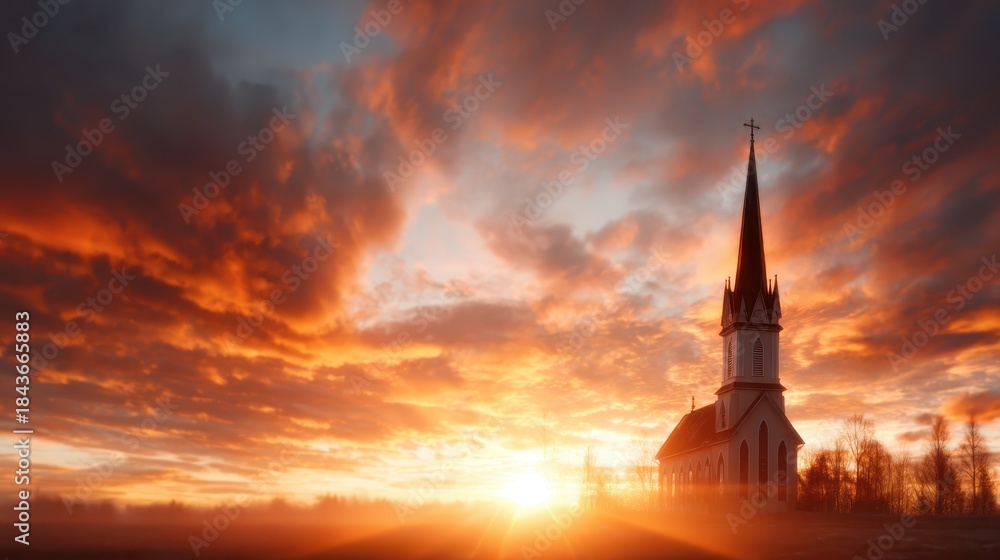 Obraz premium A breathtaking view of a historic church silhouetted against a dramatic sunset, casting beautiful colors in the sky and evoking a sense of peace and spirituality.