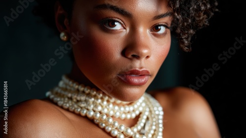 An elegant close-up of a beautiful woman draped in pearls, her captivating gaze and flawless skin exuding sophistication and grace, embodying timeless beauty and high fashion.