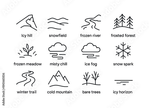 Frozen Landscapes Icon Set. Frozen landscapes. Line icon set of