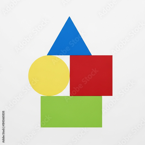 Abstract geometric shapes including a blue triangle, red square, yellow circle, and green rectangle arranged on a white background