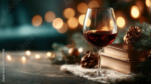 An elegantly presented glass of red wine rests beside rustic pinecones and books, creating a cozy yet sophisticated ambiance perfect for a tranquil evening setting.