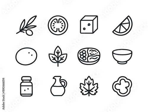 Mediterranean Icon Set. Mediterranean Cuisine. Line icon set of