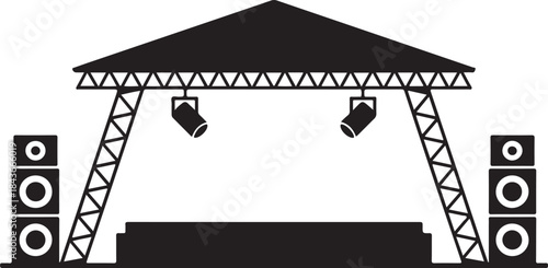 Black and white minimalist of a concert stage with speakers and spotlights music event