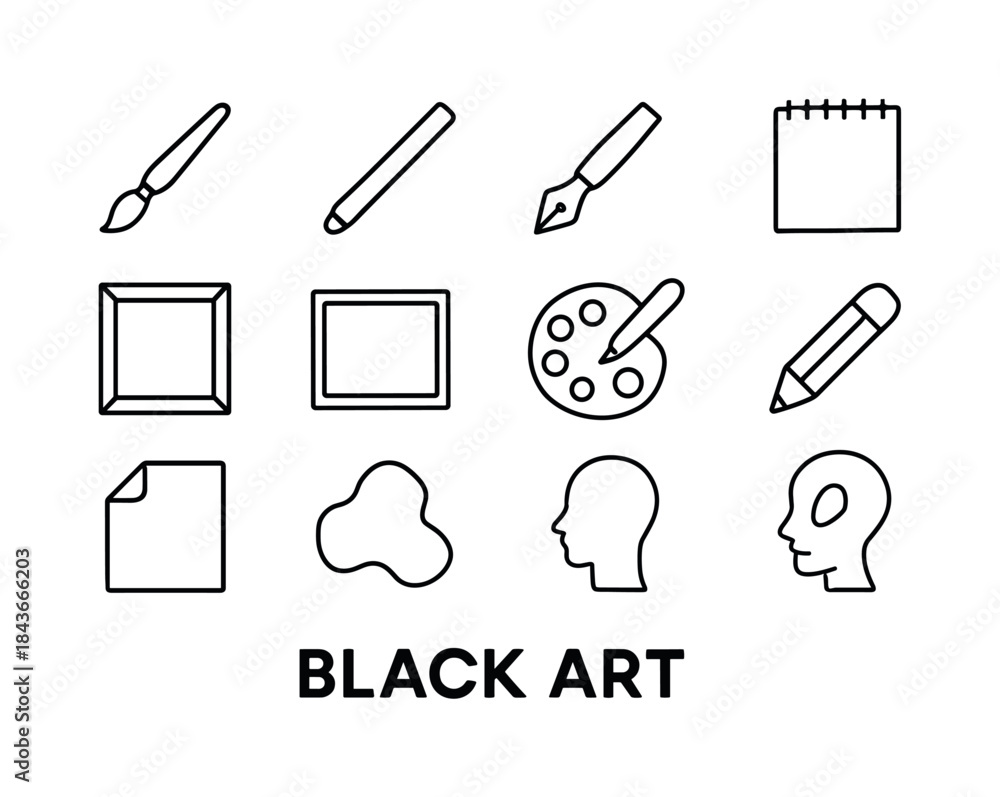 Fototapeta premium Black Art Icons. Black art. Line icon set of black art: ink brus