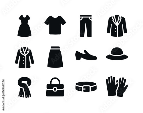 Clothing Icons Grid. Clothing items. Solid icon set of Clothing