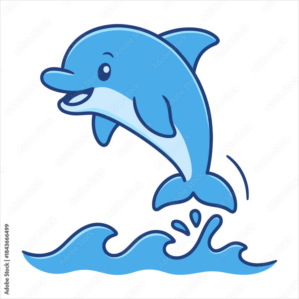 Fototapeta premium Playful Cartoon Dolphin Leaping Over Waves with Joyful Expression.