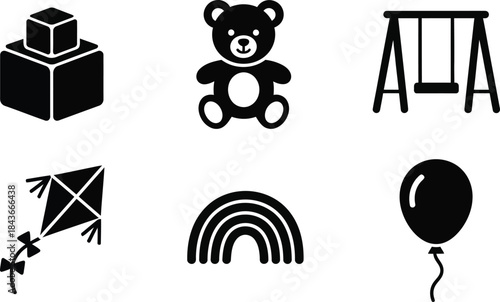 Collection of children's toys and play items, including a building block, teddy bear, swing set, kite, rainbow, and balloon