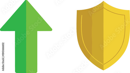 Green upward arrow symbol next to a golden shield icon, representing business growth, financial security, guaranteed protection, data safety, and increased performance.
