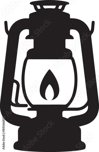 Black silhouette of a vintage kerosene lantern with a flame kerosene lamp oil lamp