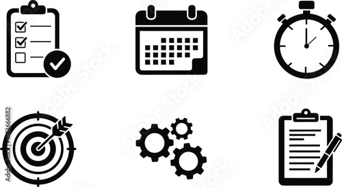 Essential vector icon set for business productivity, planning, and management. Includes symbols for task lists, calendar scheduling, time tracking, goal setting, and process optimization