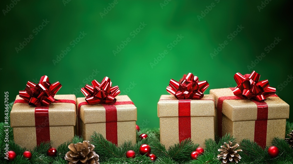 Obraz premium Four Christmas gifts with red bows and ribbons arranged in neat rows on a solid green background for holiday concept