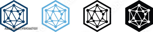 Abstract four-variation icon illustrating a complex geometric network of nodes and connections within a hexagonal shape,