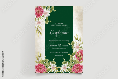 WEDDING INVITATION FRAME WITH FLOWER DECORATIONS AND FRESH LEAVES