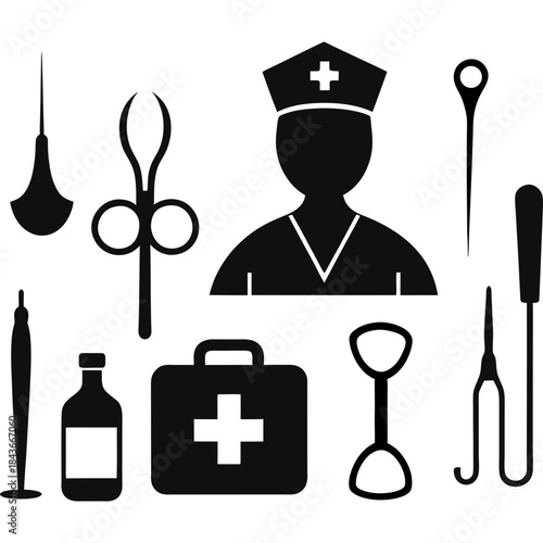 Silhouette of surgical instruments including forceps and scalpels in black and white design