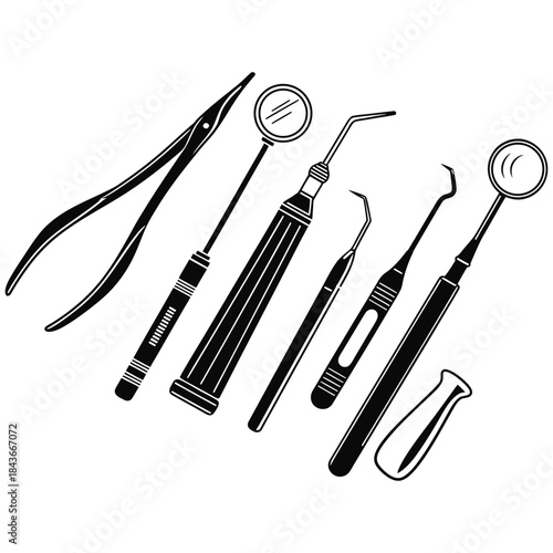 Row of various dental tools silhouette 