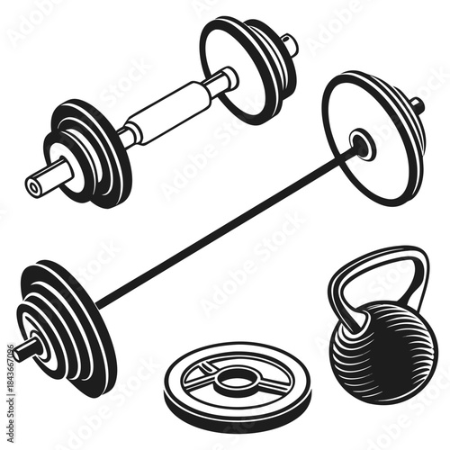 Black silhouettes of dumbbells and kettlebells in various sizes and styles