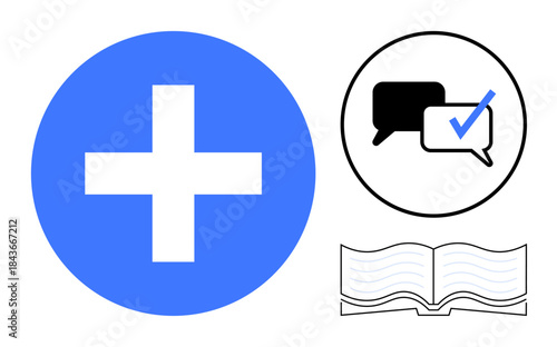 Blue cross for health, dialogue bubbles with checkmark for communication, and an open book for education. Ideal for healthcare, teamwork, learning, collaboration, verification, guidance simple flat