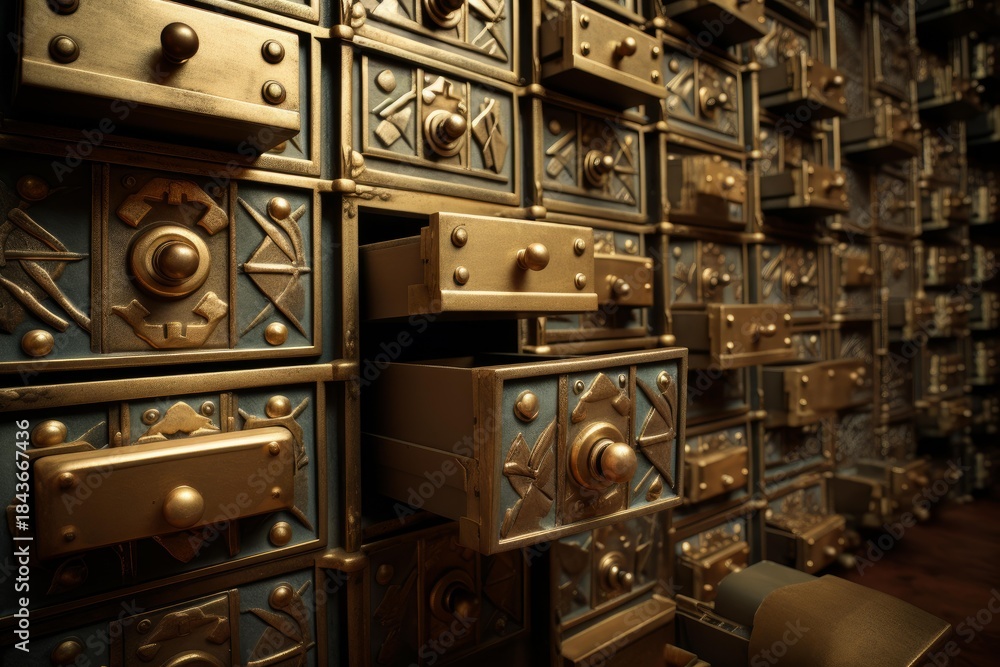 Obraz premium Golden drawers are slightly open, revealing their contents in an old apothecary cabinet, creating an intriguing close up