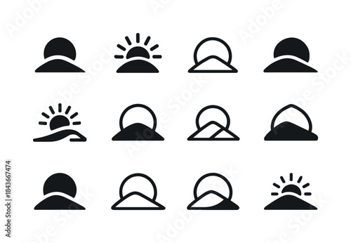 Hill Logo Variations. Hill. Icon set. Set Logo of Hill: sun dipp
