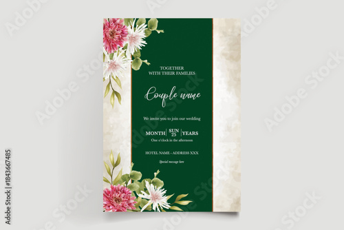 WEDDING INVITATION FRAME WITH FLOWER DECORATIONS AND FRESH LEAVES