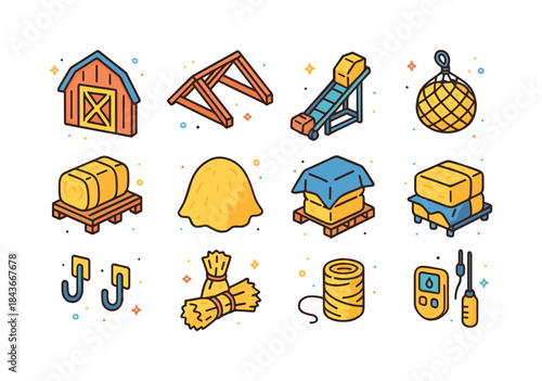 Colorful Hay Storage Icons. Hay Storage. Colorful isometric vect