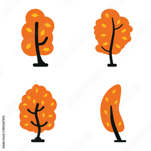 Autumn Tree Icon Collection Featuring Fall Season Foliage Simple Flat Design