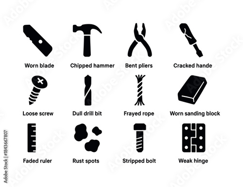 Tool Wear Icons. Tool Wear & Tear. Solid icon set of Tool Wear &
