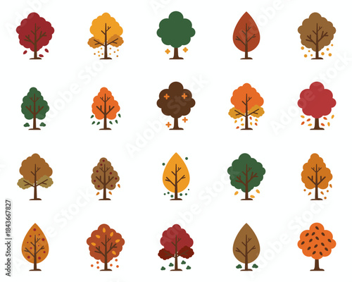 Autumn Tree Icon Pack Featuring Diverse Flat Design Foliage Styles