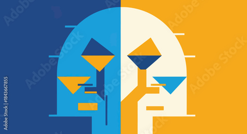 Abstract Face with Contrasting Colors and Geometric Shapes.