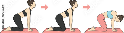 Illustrated guide showing a woman transitioning between the Cat and Cow yoga poses on a mat, demonstrating a beginner-friendly core and spine mobilization exercise for back relief