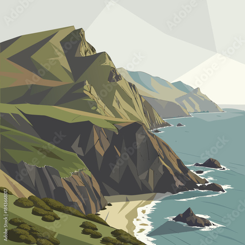 Stylized geometric illustration of a rugged coastal landscape with dramatic cliffs meeting the ocean and a sandy beach below