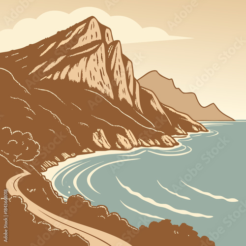 Stylized illustration of a winding coastal road leading to a serene bay with majestic mountains and calm blue water under a cloudy sky