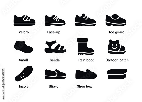Kids Shoes Icons. Kids shoes. Solid icon set of kids shoes: velc