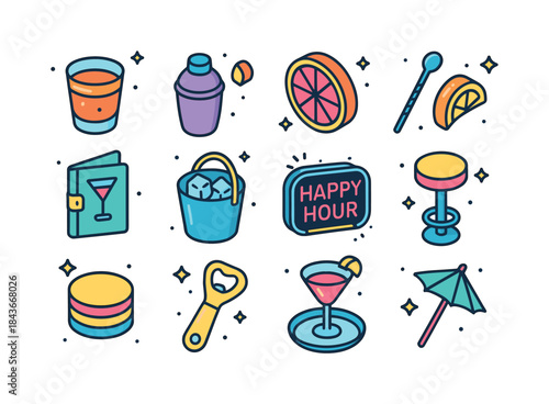 Happy Hour Icons. Happy Hour Icons. Colorful isometric vector ic