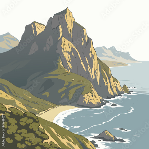 Stylized illustration of a dramatic coastal mountain range with a sandy beach and blue ocean waves under a clear sky