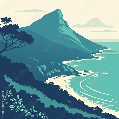 Serene coastal mountain landscape with turquoise ocean and lush greenery under a cloudy sky