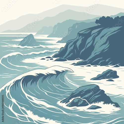 Stylized illustration of a dramatic ocean coastline with rolling waves crashing against rocky cliffs and distant misty mountains under a pale sky