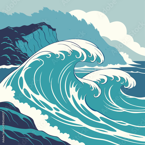Majestic ocean waves crash against a rocky coastline under a dramatic sky with distant mountains and clouds