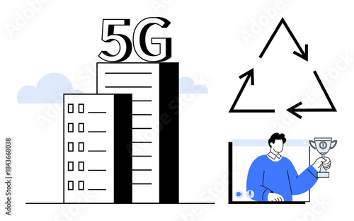 5G-enabled building, recycling icon, and virtual award ceremony theme. Ideal for technology, sustainability, urban development, digital communication, environmental awareness, remote achievements