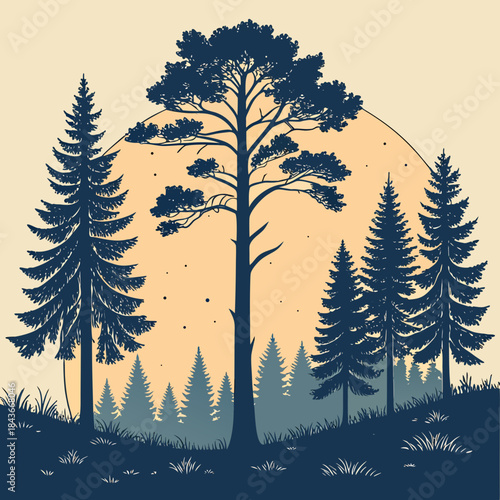 Serene silhouette of a pine forest at dusk with a large crescent moon and scattered stars in a warm orange sky