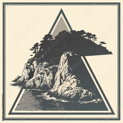 Stylized illustration of a rocky island coastline with lush trees and water framed by geometric triangles and a border