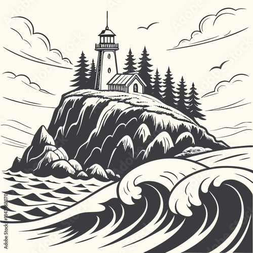 Dramatic illustration of a solitary lighthouse perched atop a rocky cliff overlooking crashing ocean waves under a cloudy sky with flying birds